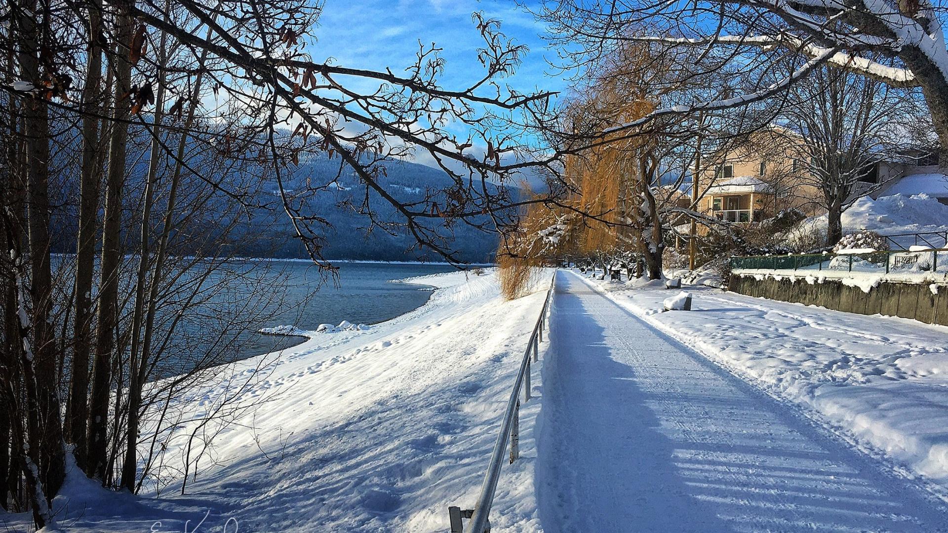 snow covered path near water